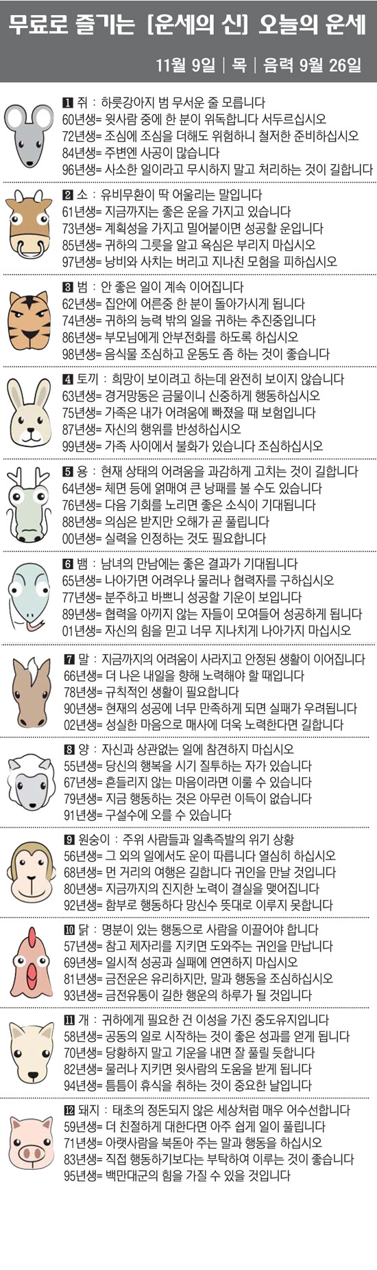 [직장인을 위한 오늘의 운세] 2023년 11월 9일 목요일 오늘의 띠별…