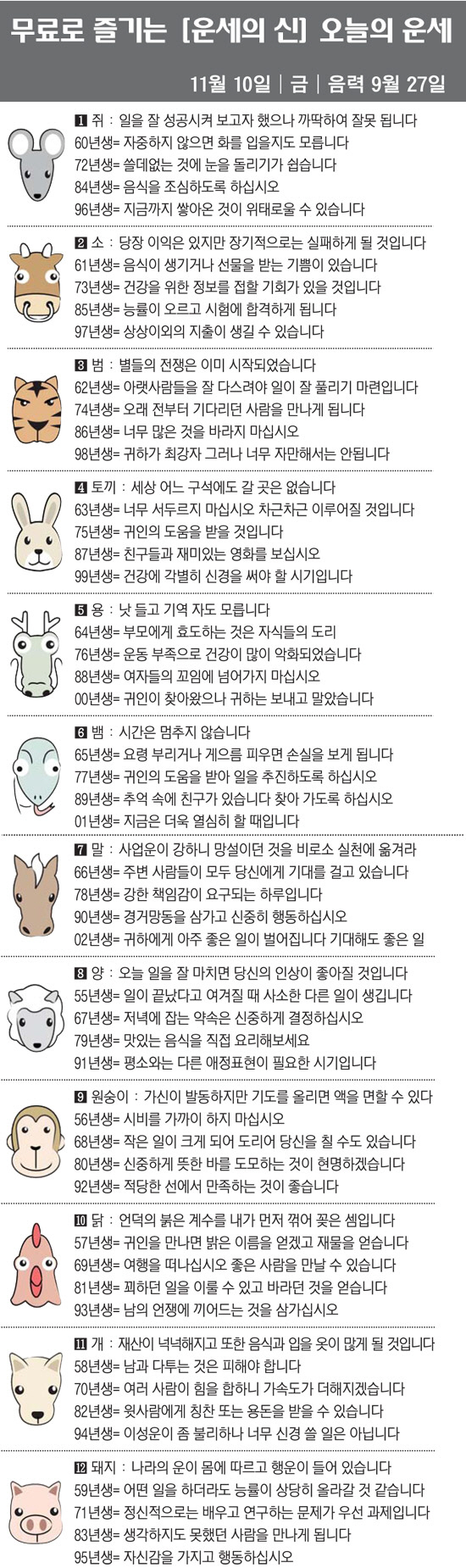 [직장인을 위한 오늘의 운세] 2023년 11월 10일 금요일 오늘의 띠…