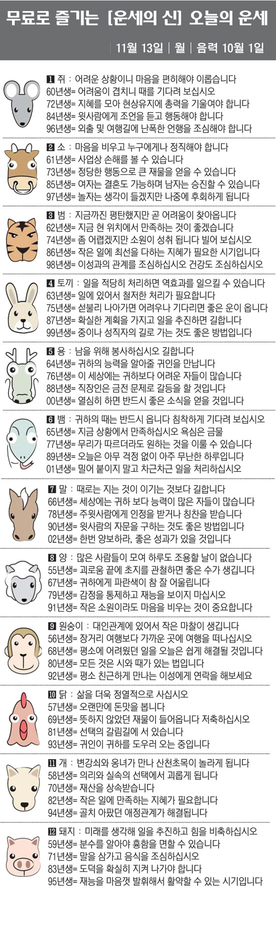 [직장인을 위한 오늘의 운세] 2023년 11월 13일 월요일 오늘의 띠…