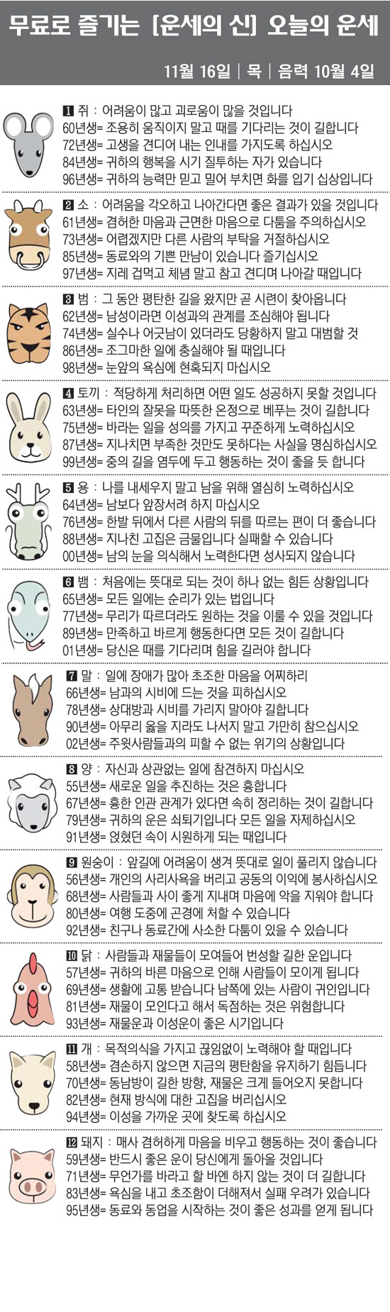 [직장인을 위한 오늘의 운세] 2023년 11월 16일 목요일 오늘의 띠…