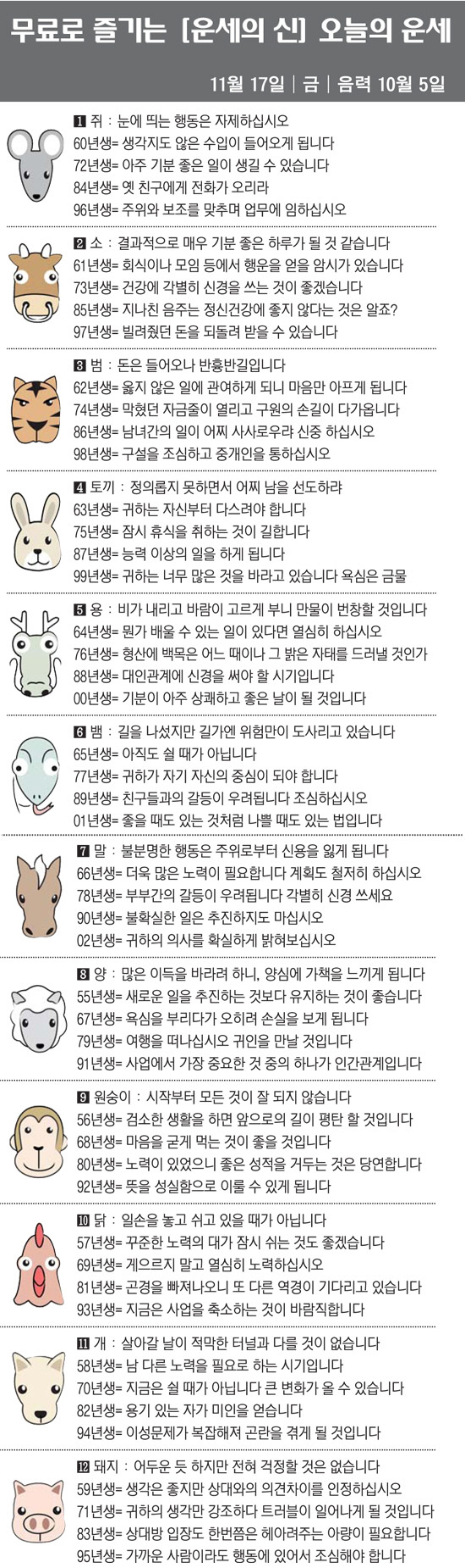 [직장인을 위한 오늘의 운세] 2023년 11월 17일 금요일 오늘의 띠…