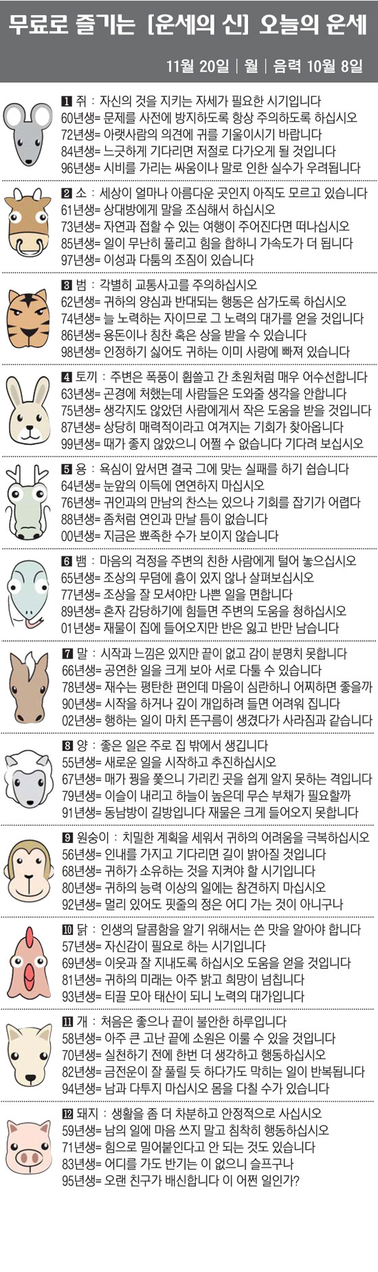 [직장인을 위한 오늘의 운세] 2023년 11월 20일 월요일 오늘의 띠…