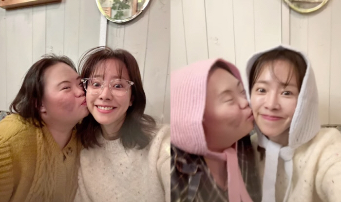한지민, 볼 뽀뽀 받고 환한 미소…'우블' 정은혜와 친자매 케미