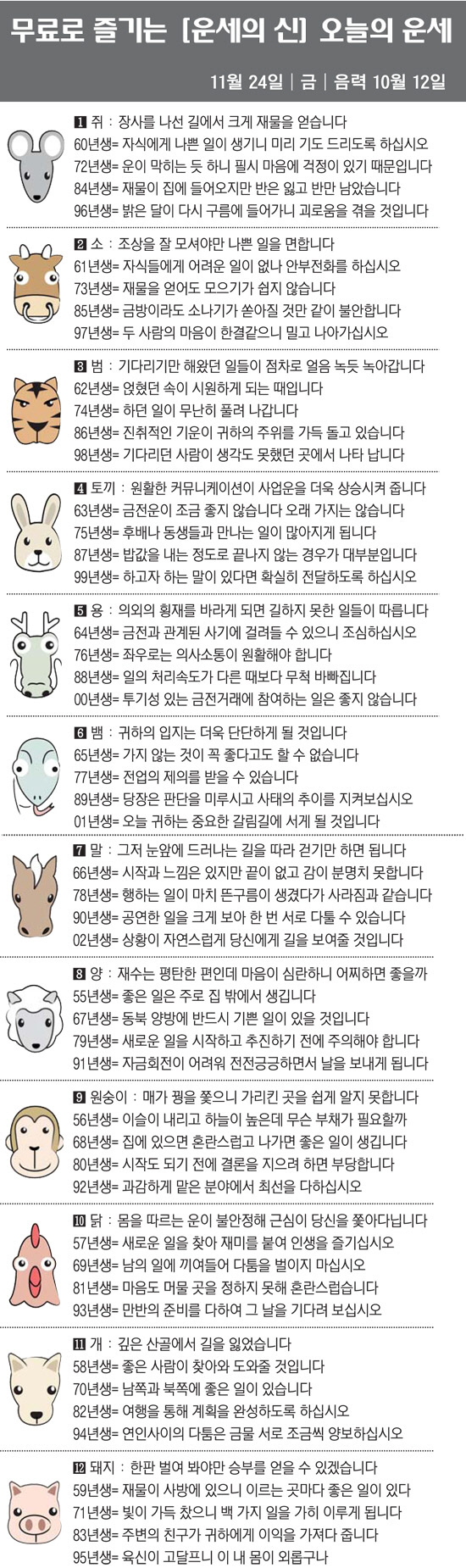 [직장인을 위한 오늘의 운세] 2023년 11월 24일 금요일 오늘의 띠…