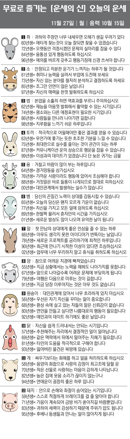 [직장인을 위한 오늘의 운세] 2023년 11월 27일 월요일 오늘의 띠…