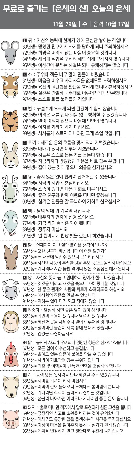 [직장인을 위한 오늘의 운세] 2023년 11월 29일 수요일 오늘의 띠…