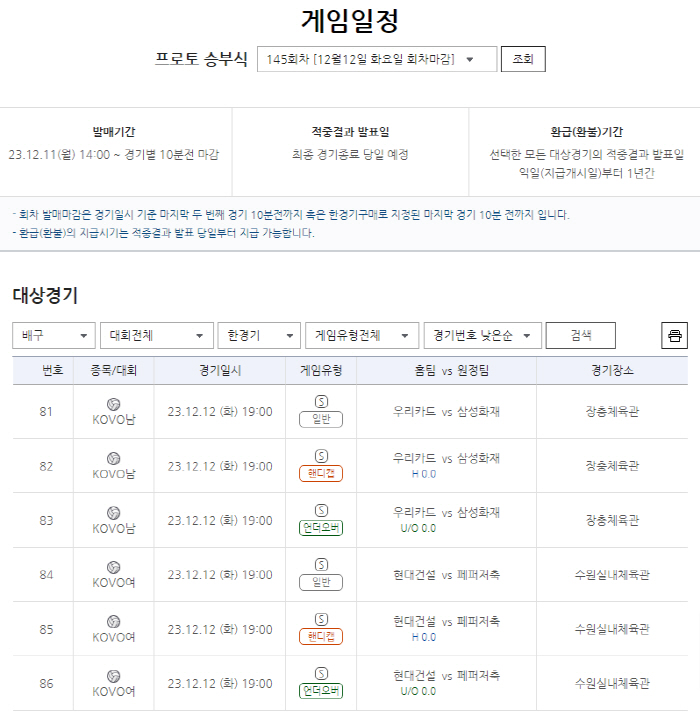 프로토 승부식 145회차, 프로배구 V리그 대상 한경기구매 게임 발매