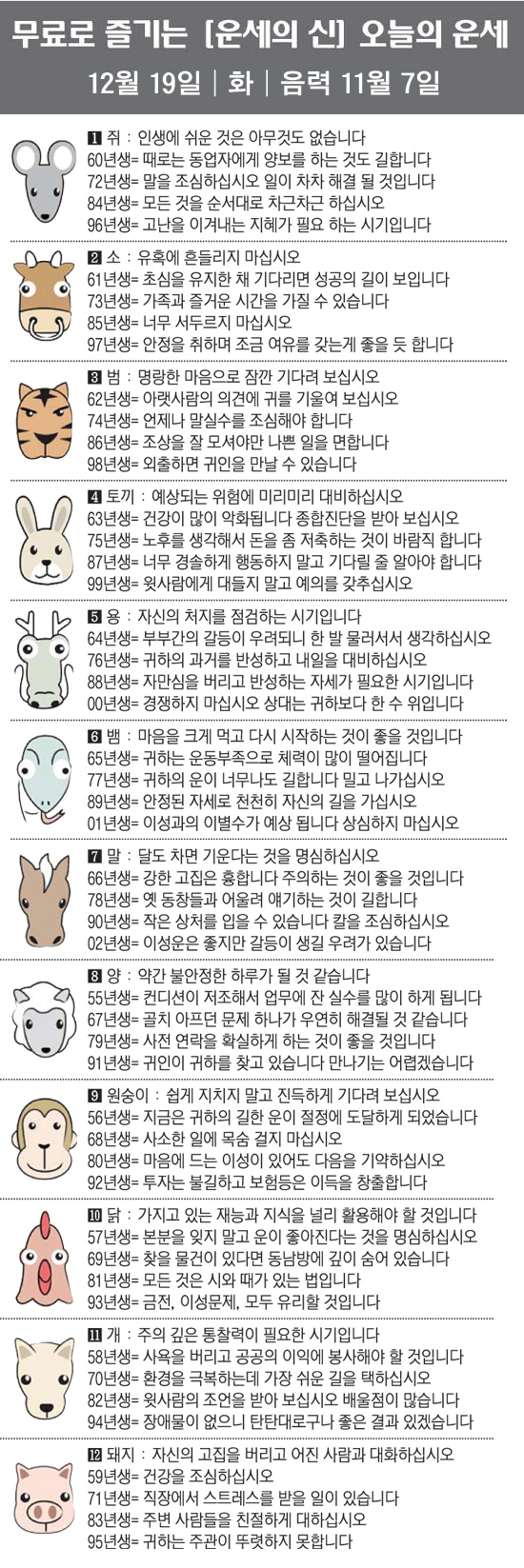 [직장인을 위한 오늘의 운세] 2023년 12월 19일 화요일 오늘의 띠…