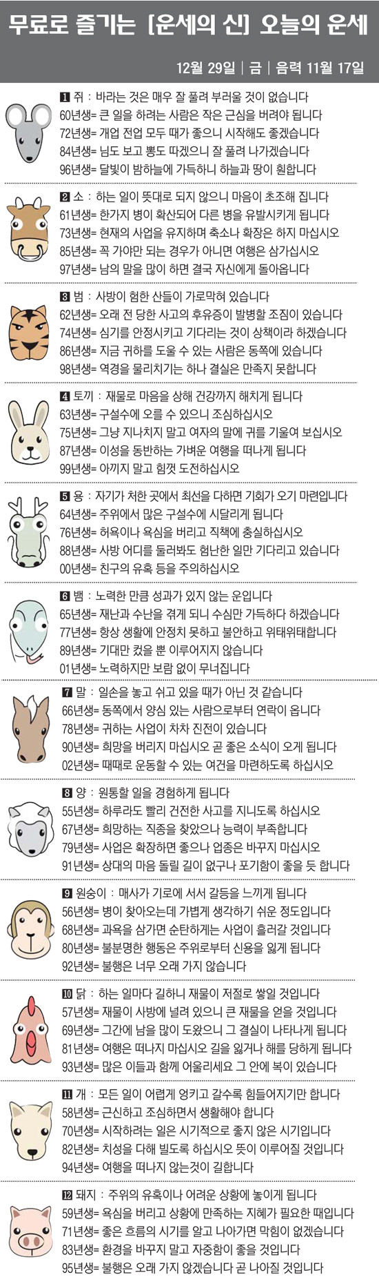 [직장인을 위한 오늘의 운세] 2023년 12월 29일 금요일 오늘의 띠…