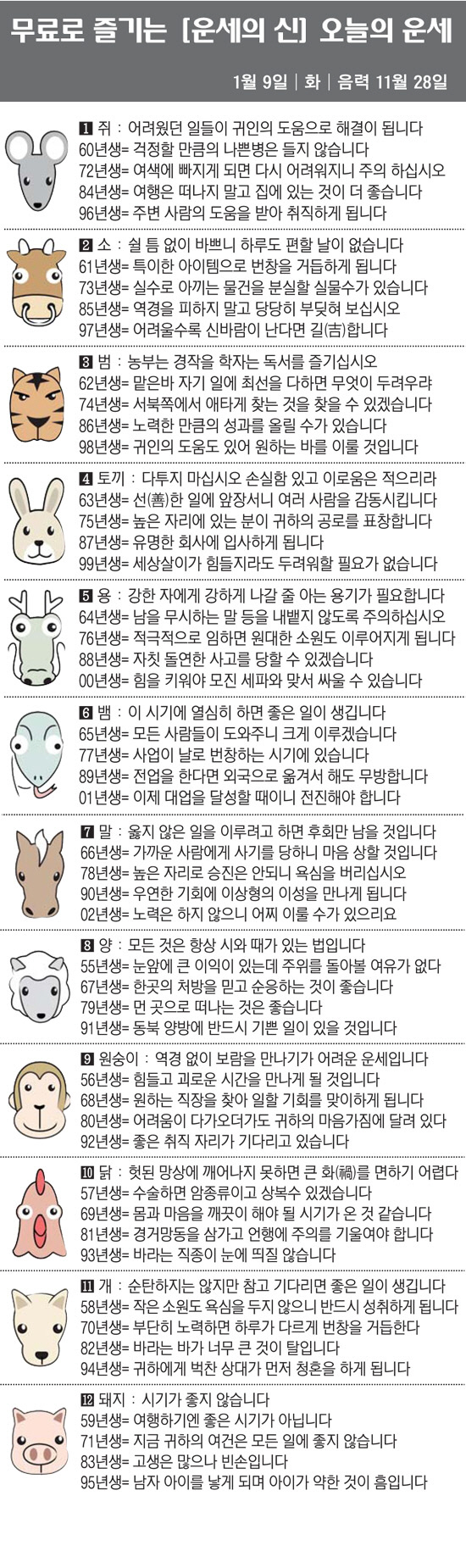 [직장인을 위한 오늘의 운세] 2024년 1월 9일 화요일 오늘의 띠별 …
