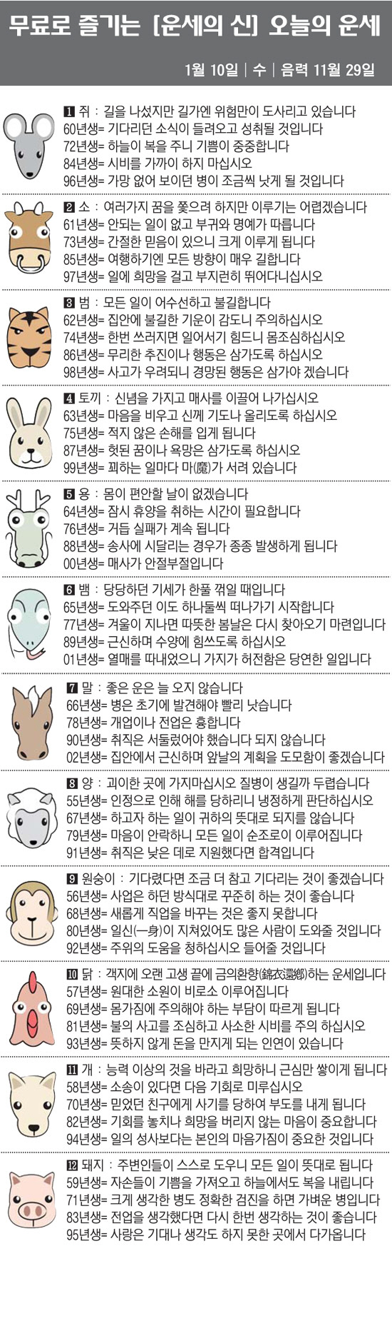 [직장인을 위한 오늘의 운세] 2024년 1월 10일 수요일 오늘의 띠별…