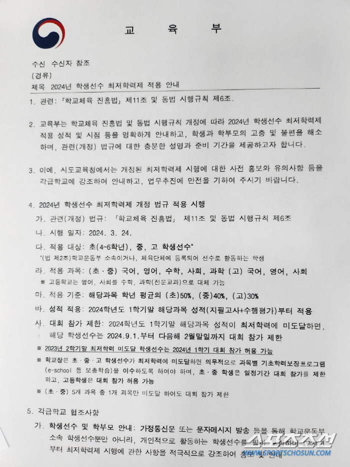교육부"학생선수 '최저학력제'성적반영은 올해 2학기부터입니다"[오피셜]