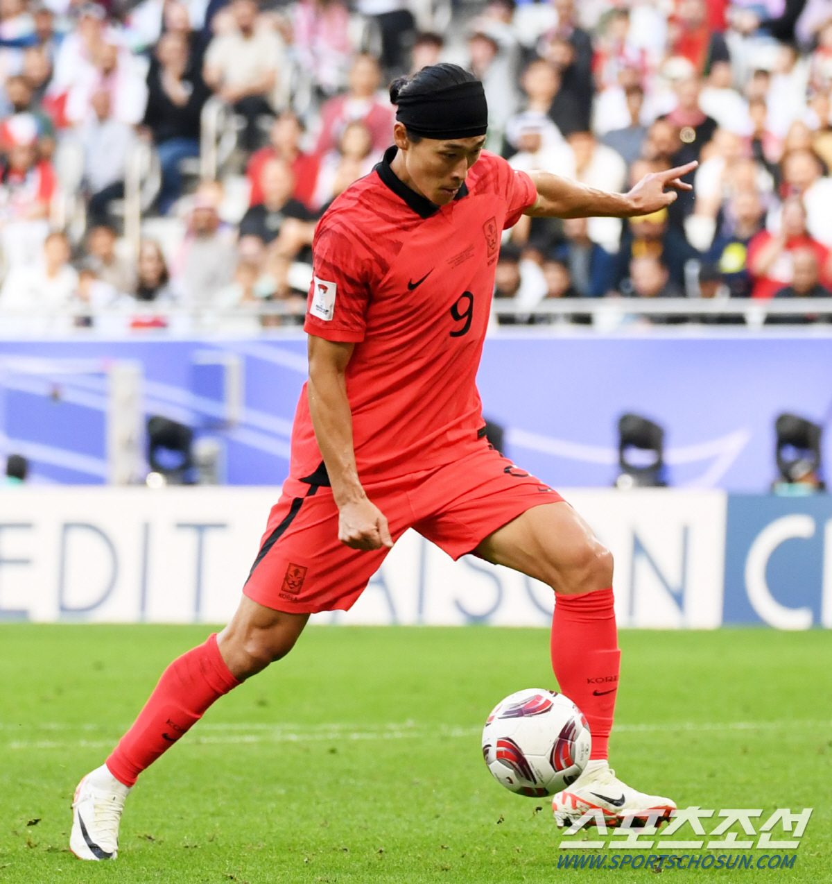 20일(현지시간) 카타르 도하 알투마마 스타디움에서 열린 2023 아시아축구연맹(AFC) 카타르 아시안컵 대한민국과 요르단의 경기. 조규성이 슈팅을 시도하고 있다. 도하(카타르)=박재만 기자 pjm@sportschosun.com/2023.01.20/