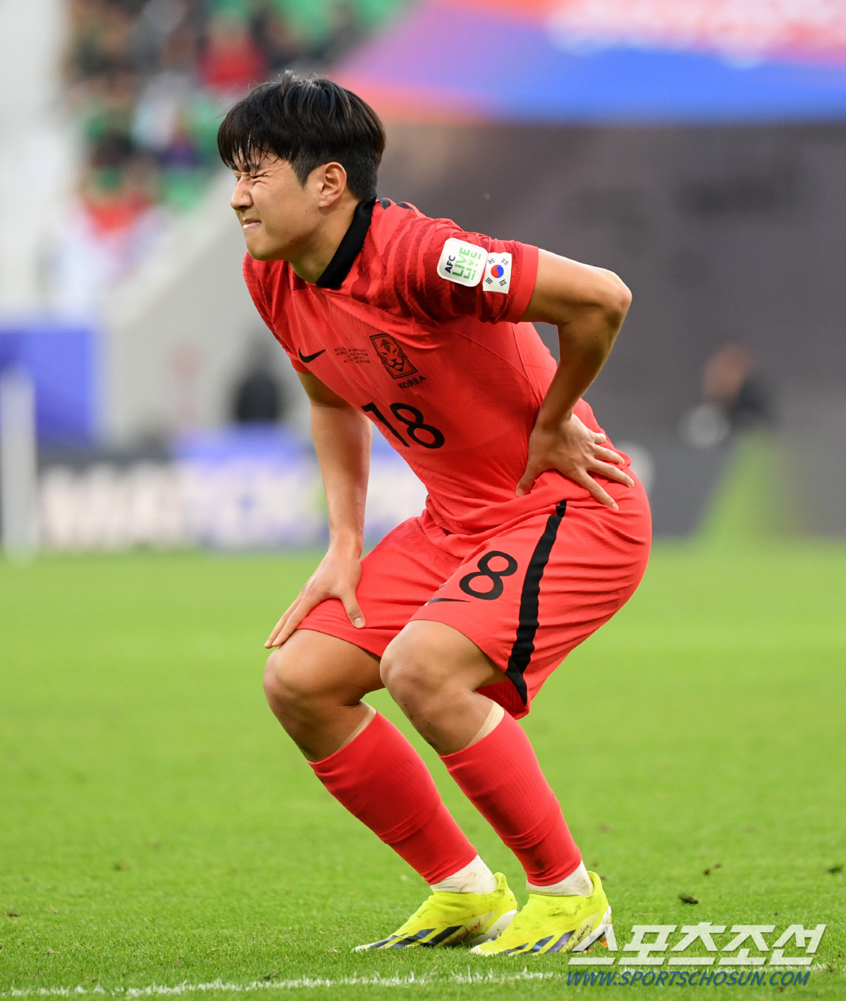 20일(현지시간) 카타르 도하 알투마마 스타디움에서 열린 2023 아시아축구연맹(AFC) 카타르 아시안컵 대한민국과 요르단의 경기. 이강인이 통증을 참고 있다. 도하(카타르)=박재만 기자 pjm@sportschosun.com/2023.01.20/