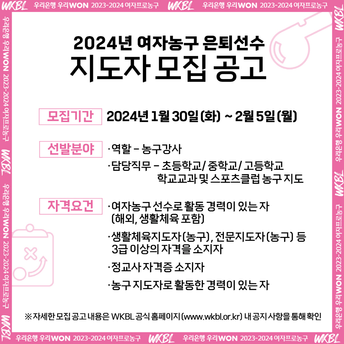 WKBL, 2024년 전문가와 함께하는 농구교실 참여 지도자 모집