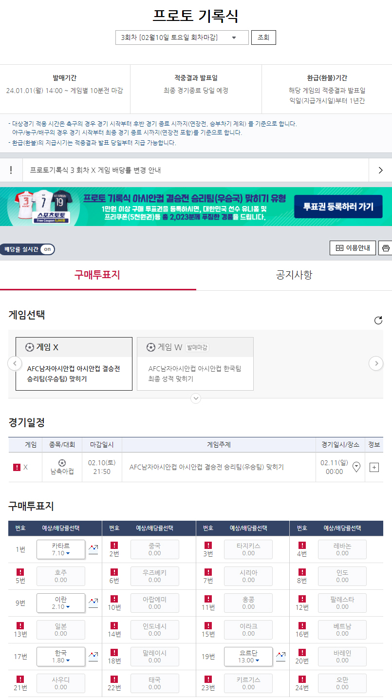 "亞컵 64년만의 우승? 韓배당률 1.80배 최저!" 프로토 승부식 3회…