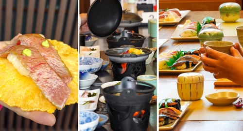 왼쪽부터 산마치 거리 히다규, 히미반야가와 정식, 도야마만 초밥