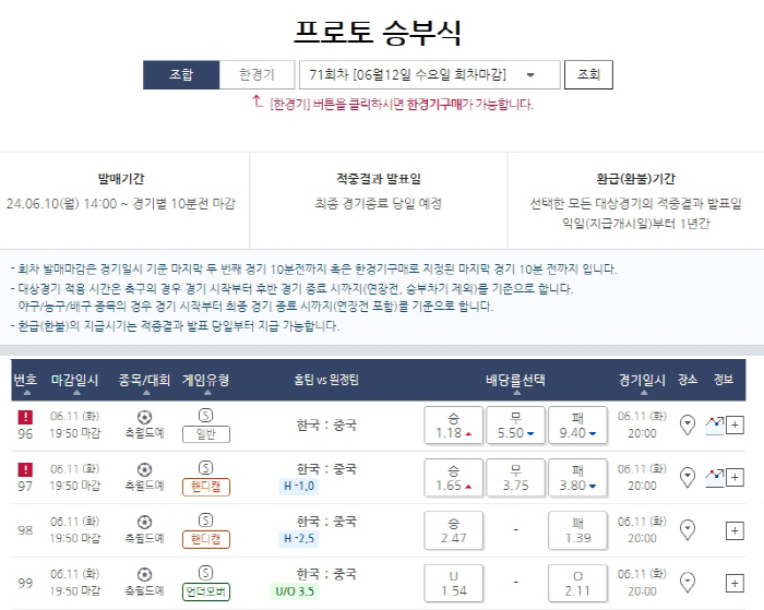 스포츠토토, 한중전 대상 프로토 승부식 마감 임박 → 중국 승리 9.40…