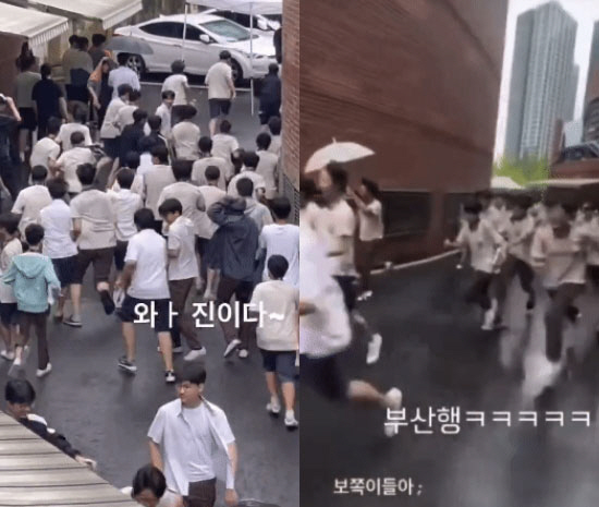"와~ 진이다"…방탄 진, 교복 입고 모교 방문에 '부산행' 찍는 줄 […