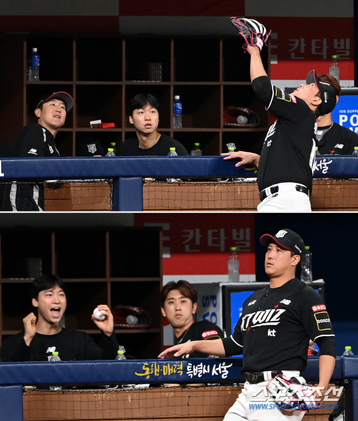 '이걸 잡는다고?' 집중력이 폭발했다. 황재균 캐치에 화들짝, KT 더그…