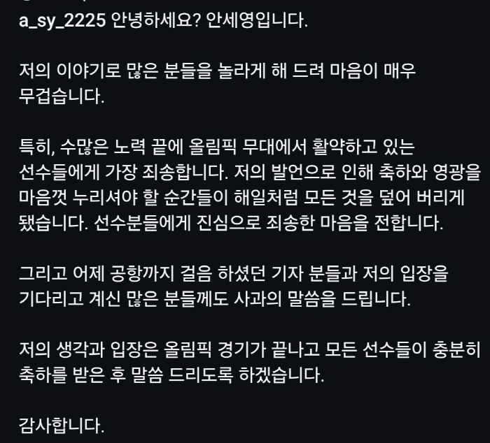 '폭탄 발언' 안세영 두번째 SNS 입장문 "내 발언 해일처럼 모든것 덮…