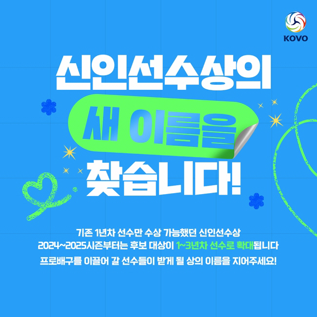 '신인 선수상의 새 이름을 찾습니다!' KOVO, 배구팬들 상대로 명칭 …