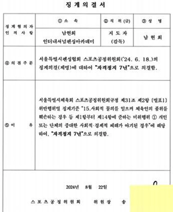 서울시체육회, 남현희 감독에 '지도자 자격정지 7년' 최종의결... 사유…