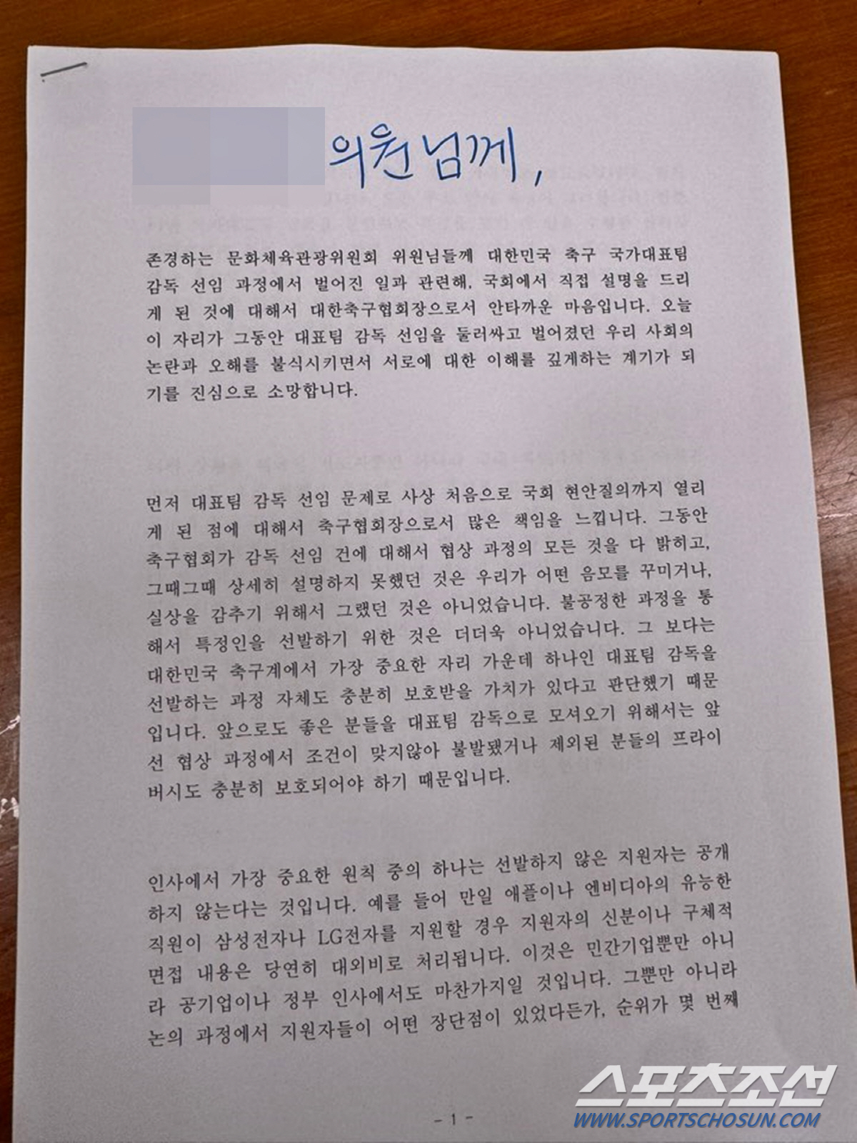 정몽규 회장이 국회 문체위원들에게 배포한 A4 6장 입장문[전문]