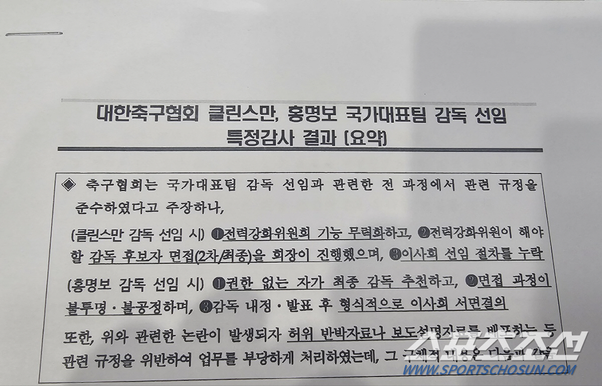 문체부 감사"10차 회의후 '1순위'홍명보 감독과 협상했다면 문제없어"