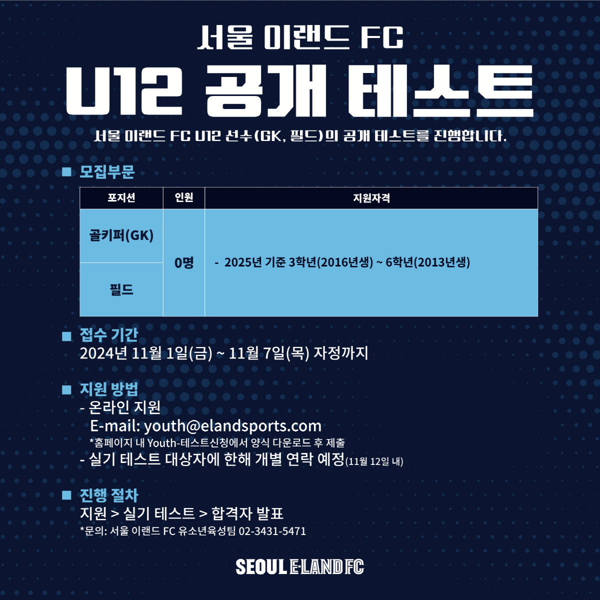 서울 이랜드, 미래 축구 스타 발굴 위한 U-12 선수 선발 공개 테스트…
