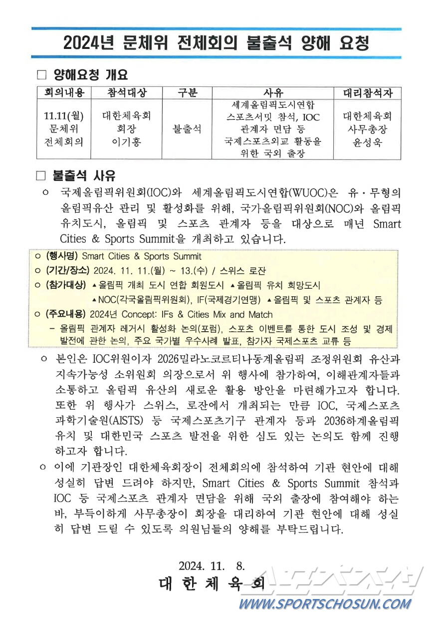 "스포츠 외교 로잔행"이기흥 회장,11일 국회 현안질의 불출석...박정하…