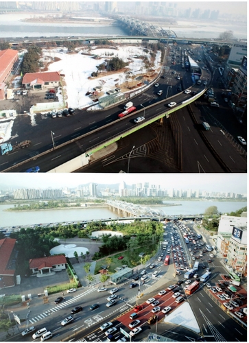 노량진 고가도로는 동작구 본동에 한강대교 방향으로 260ｍ 길이의 일방통행이었다. 1981년 12월 개통해 2011년 3월 철거됐다． 위가 철거 전. 2011년 [청계천 박물관 제공]