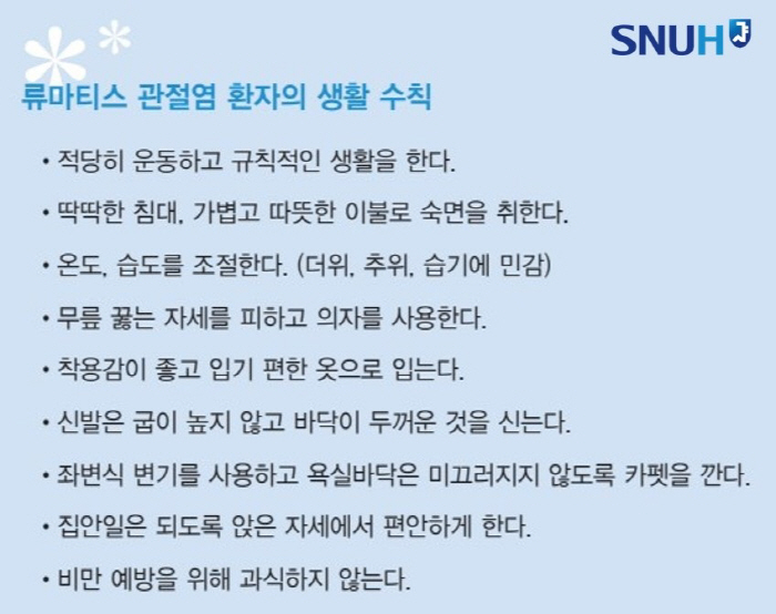[류마티스 관절염 Q&A] 여성 발생률 최고 5배 높아…치료와 생활수칙은…