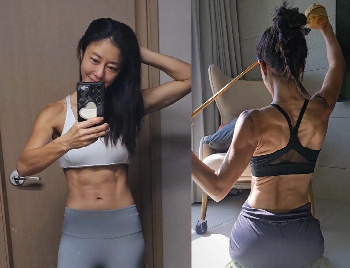 '42세' 이지현, 빨래판 복근+갈라진 등 근육...누가 애둘맘이라 믿겠…
