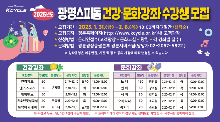 [경륜]광명스피돔 문화센터 수강생, 2월 6일까지 선착순 모집