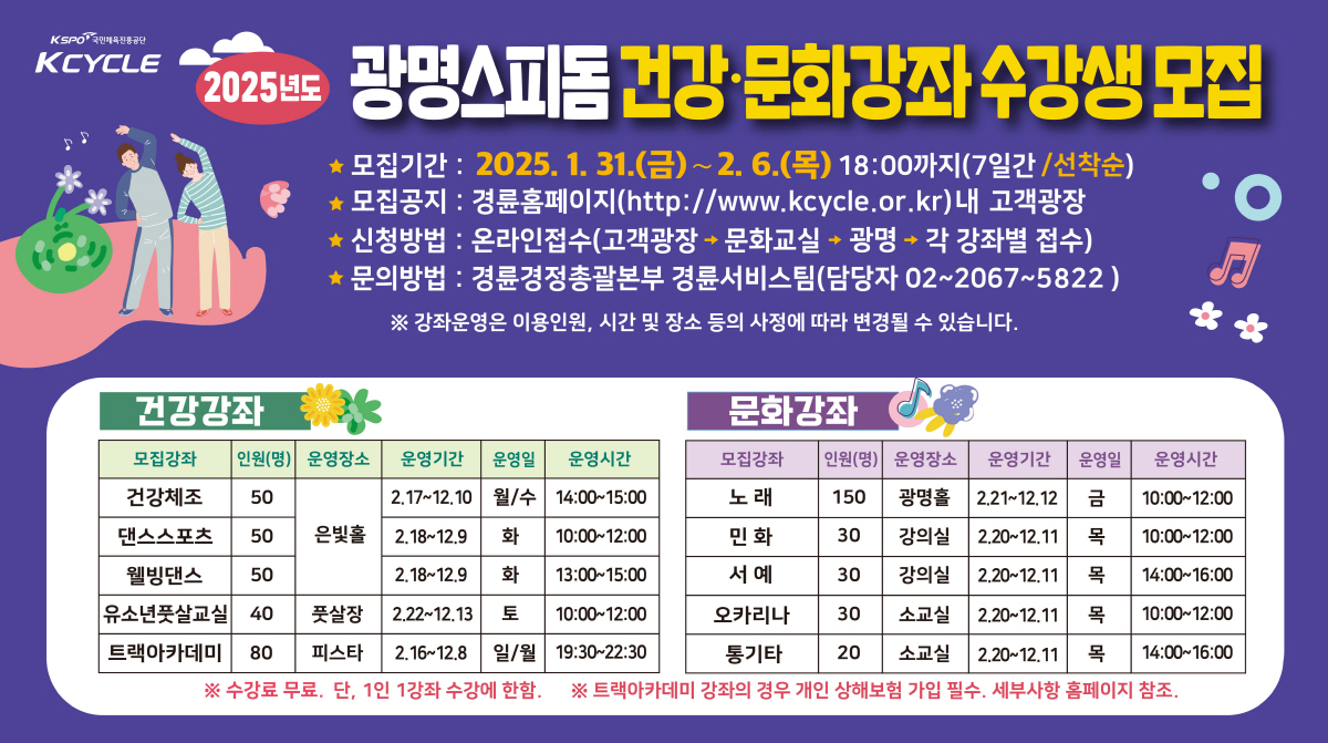 [경륜]광명스피돔 문화센터 수강생, 2월 6일까지 선착순 모집