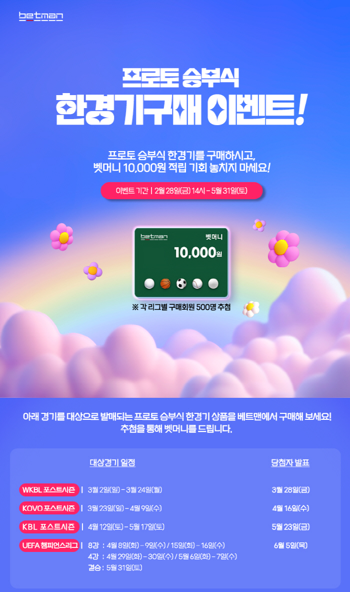 "벳머니 1만원 적립 기회" 프로토 승부식 한경기 구매 이벤트 28일 개…