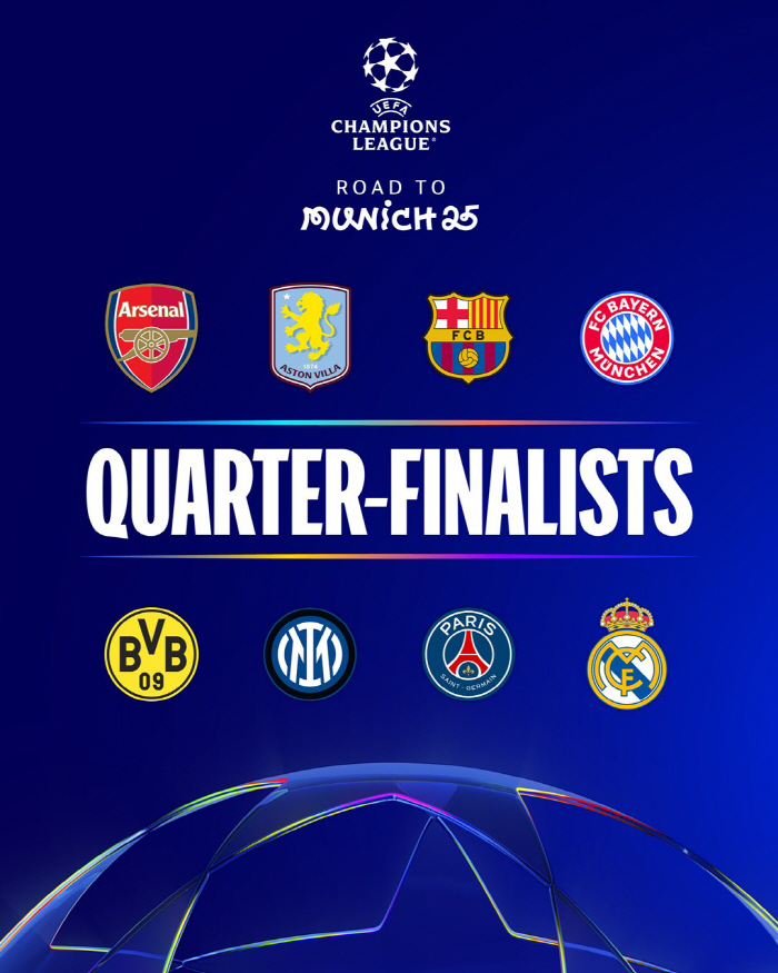 '레바뮌'+PSG→아스널-빌라까지 안착...UCL 8강 대진 완성, '확…