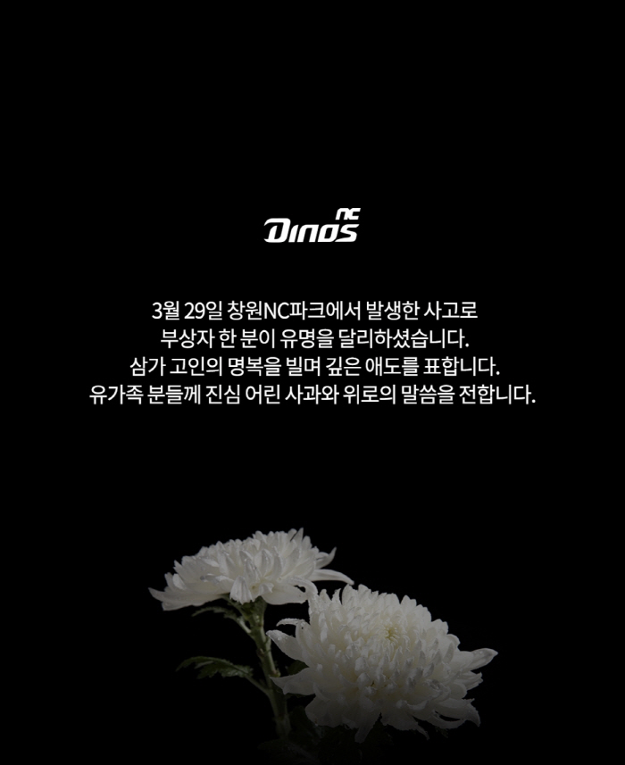 20대 관중 사망 소식에 NC 구단 애도 "진심 어린 사과와 위로 전해"