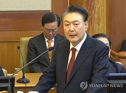 (서울=연합뉴스) 윤석열 대통령이 25일 서울 종로구 헌법재판소에서 열린 윤 대통령 탄핵심판 11차 변론에서 최종 의견 진술을 하고 있다. 2025.2.25 [헌법재판소 제공. 재판매 및 DB금지] photo@yna.co.kr