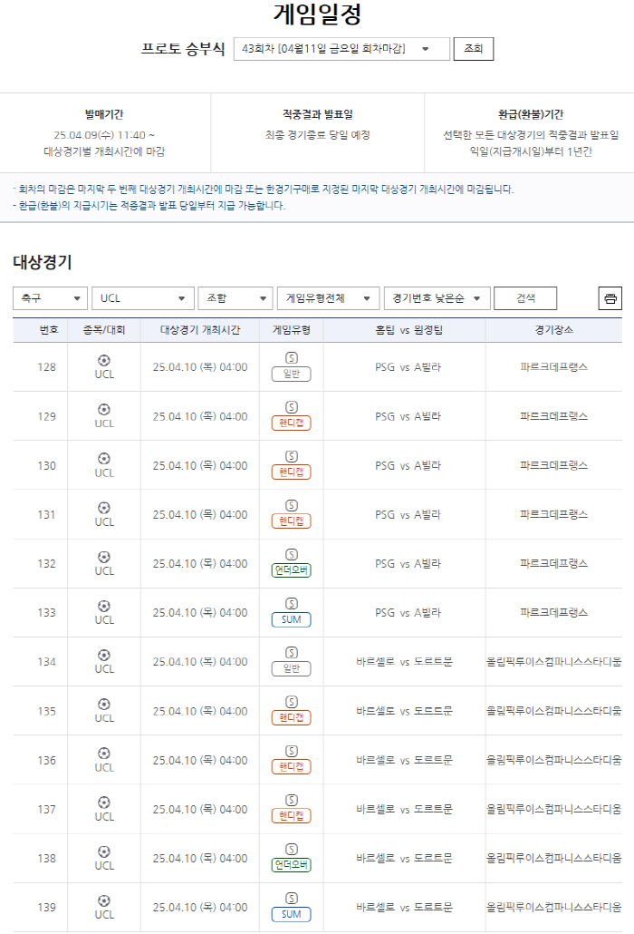 챔피언스리그 8강 1차전 대상 프로토 승부식 43회차 마감 임박…PSG-애스턴 빌라, 바르셀로나-도르트문트전 8강 향한 치열한 승부 예고