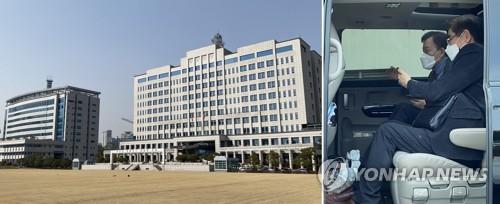 (서울=연합뉴스) '청와대 이전 태스크포스'(TF) 업무를 총괄하고 있는 김용현 대통령 경호처장(오른쪽)과 국민의힘 윤한홍 의원이 용산 대통령실 후보지를 둘러보기 위해 국방부를 방문한 모습. 2022.3.15