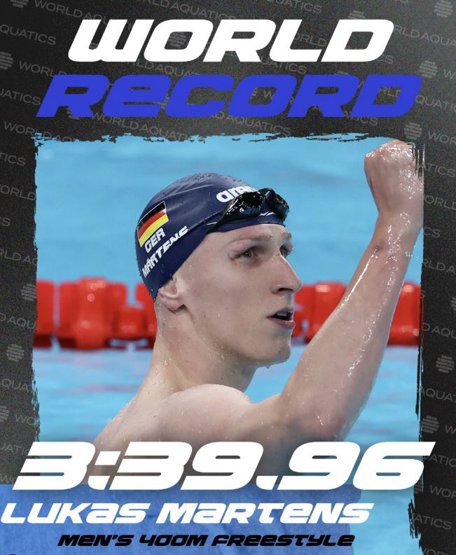 "영원한건 절대 없어" '獨비더만 후예'메르텐스,자유형400m 3분39초96! 세계新 16년만에 ?다