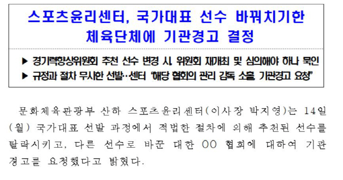 스포츠윤리센터"국대 선수 바꿔치기 의혹 체육단체 기관 경고"[오피셜]
