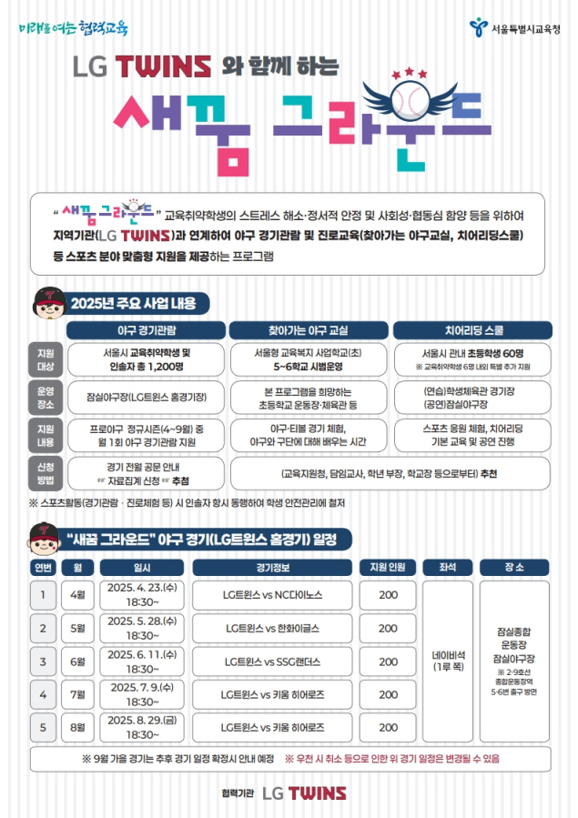 LG트윈스X서울시교육청의 아름다운 협업,교육취약학생 위한 '새꿈 그라운드…