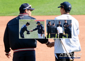 전준우 손에 끌려간 김민석, 이승엽 감독 찾아간 전민재...같은 듯 달랐던 곰과 거인의 재회법 [잠실 현장]