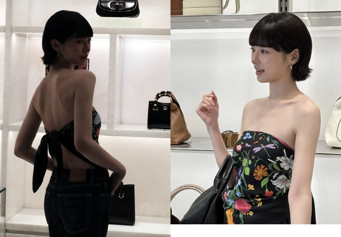 박규영, 스카프 한 장만 걸치고 파격 오프숄더..명품 매장서 아찔 포즈