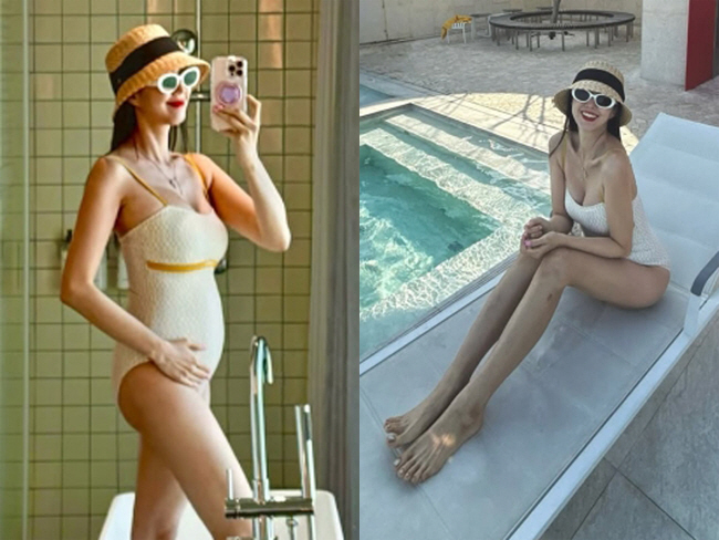'쌍둥이 임신' 지소연, 수영복 입으니 배만 볼록..