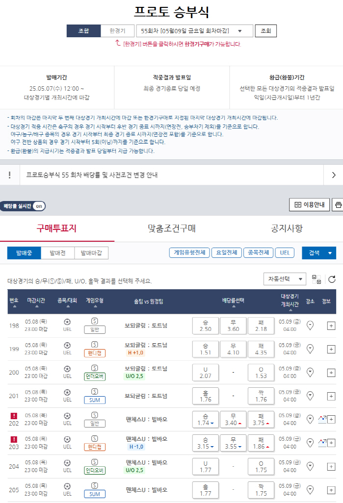 UEL 4강 2차전 승자 누구? 프로토 승부식 55회차 '관심집중'