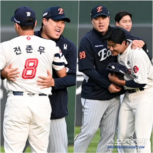 웃음 되찾은 괴물, 전준우와 포옹→손호영에 애정 가득 어퍼컷... 롯데와 반가운 만남 포착[부산 현장]